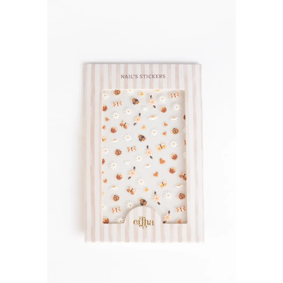 Elfa 3D-Nageltattoos für Kinder mit Blumenmotiv und Goldakzenten auf weißem Hintergrund