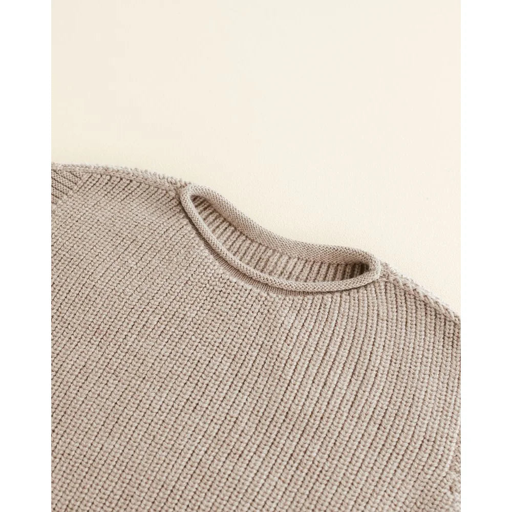 Hellbrauner gestrickter Kinderweste Harvey Sand mit Rippkragen zum Wohlfühlen