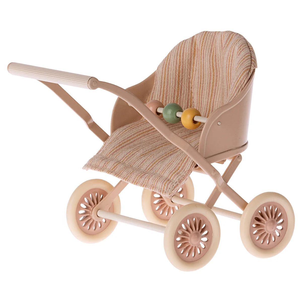 Zarter beiger Puppenwagen Babymaus Rose mit Streifenbezug und pastellfarbenen Holzperlen