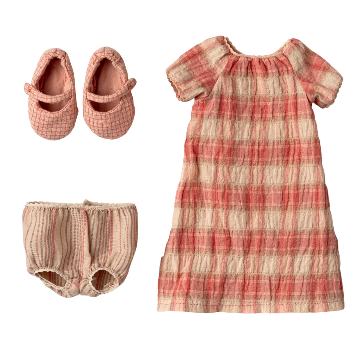 Kleid Grösse 3: zartes rosa-cremefarbenes Karo-Kleid mit Rüschärmeln und Tiersaum