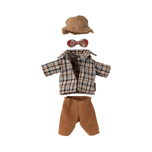 Miniatur jacke mit passendem hut und kordhosen mit roter schleife im nachhaltige babykleidung schweiz set kleidungsset grossvater maus