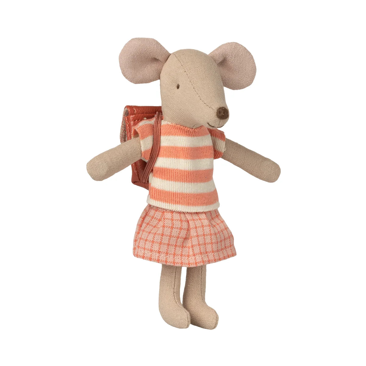 Ein charmantes beige mauspuppen kleidungsset mit korallenweiß gestreiftem top und karierter rocktasche für die grosse schwestermaus ideal für nachhaltige babykleidung schweiz