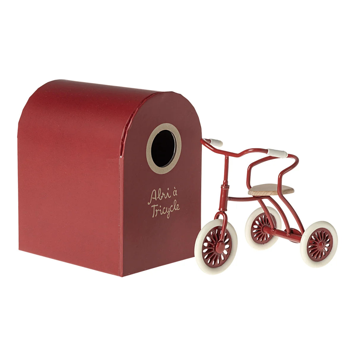 Rotes Kleines Dreirad Maus mit weißem Briefkasten und Abri à Tricycle