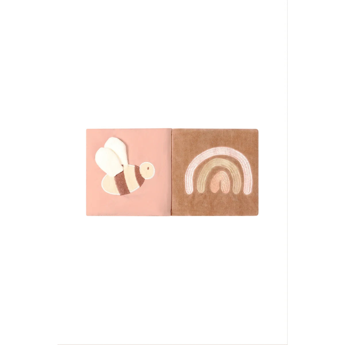 Knisterbuch butterfly in softem rosa und beige mit bestickten bienen und regenbogen als nachhaltige babykleidung schweiz geschenk