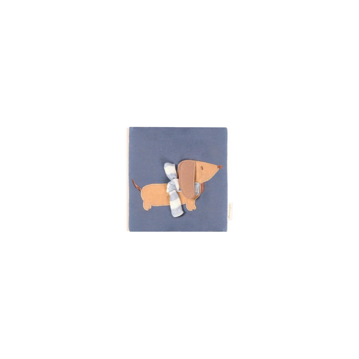 Knisterbuch dog mit charmantem beigen dachshund-applikation und grau weiß gestreiftem schleifenmotiv auf blauem stoff ideal für ökologische baby- & kinderprodukte