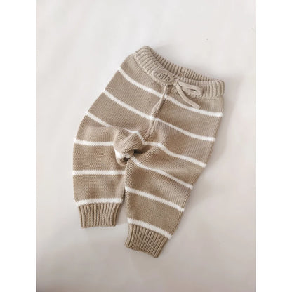 Beige und weiße gestreifte Babypants mit elastischem Bund, Knit Pants Stripe Sand