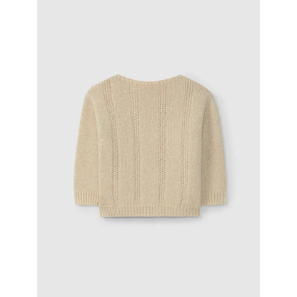 Beige gestrickter Pullover mit vertikalen Lochmustern, Modell Knittted Sweater Sand