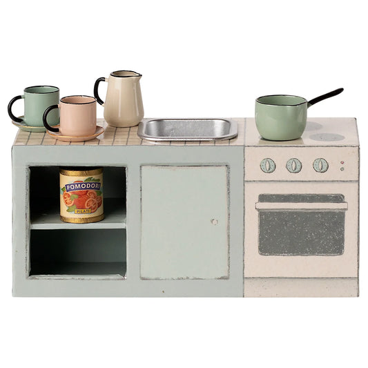 Pastellgrüne Emaille Spielküchen-Sets Küchentheke Maus mit Mini-Appliances