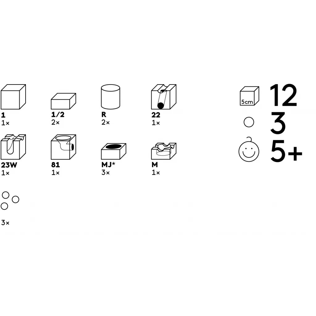 Schwarz-weiß-Diagramm Kugelbahn Jump Set mit geometrischen Formen und Symbolen