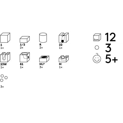 Schwarz-weiß-Diagramm Kugelbahn Jump Set mit geometrischen Formen und Symbolen