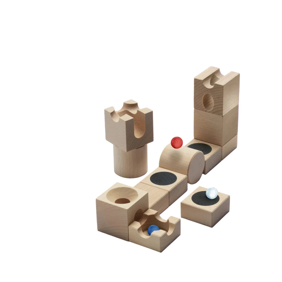 Kugelbahn Jump Set mit 12 Elementen, helles Holz, bunte Kugeln