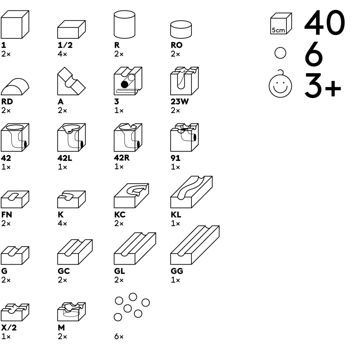 Schwarz-weiß-Technikdiagramm Kugelbahn JUNIOR 40 Elemente, ökologische Babyprodukte