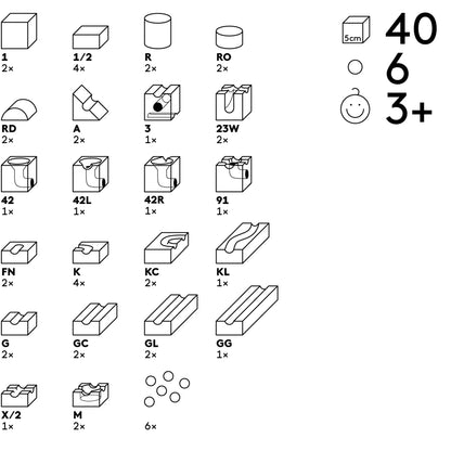 Schwarz-weiß-Technikdiagramm Kugelbahn JUNIOR 40 Elemente, ökologische Babyprodukte
