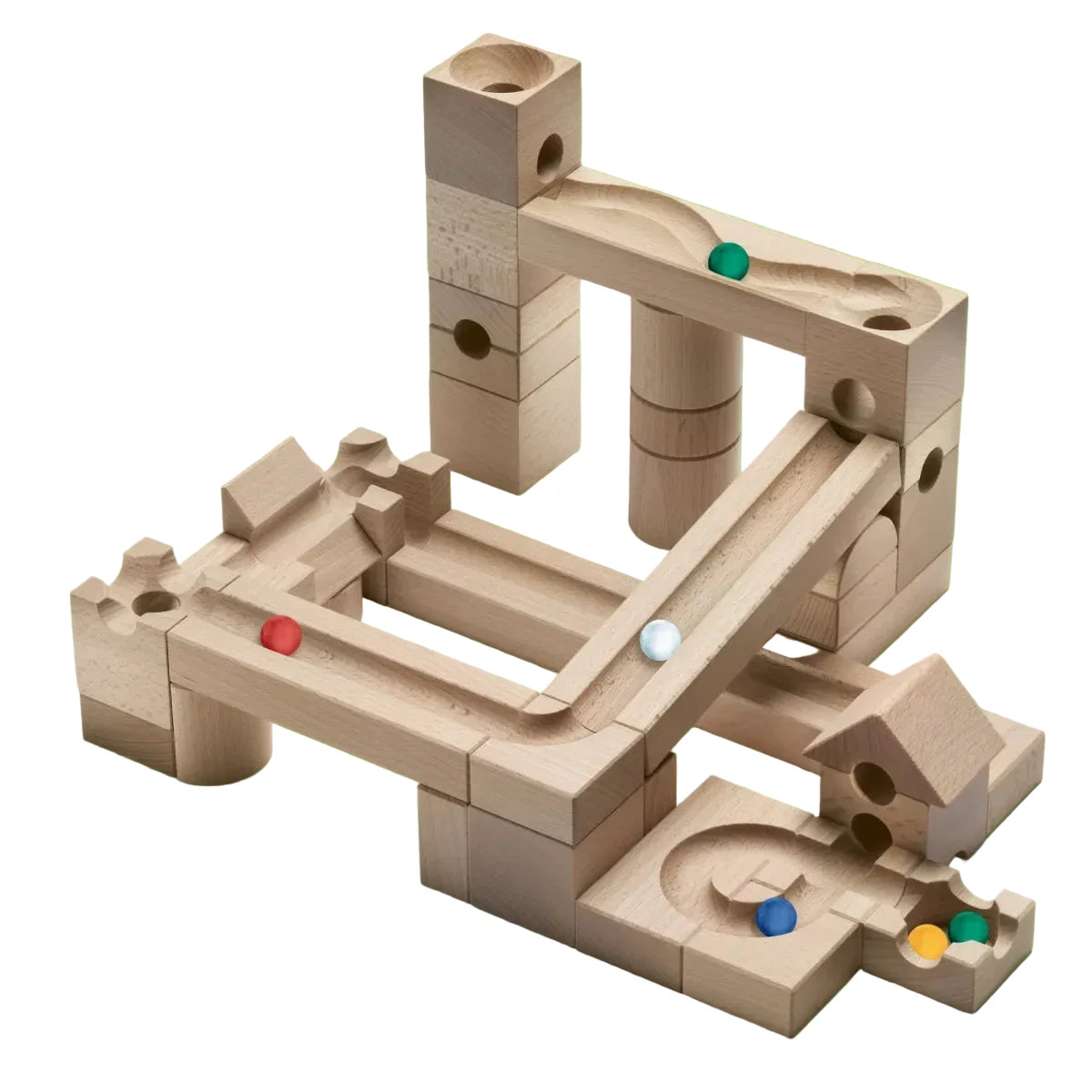 Cuboro Junior Kugelbahn: Helle Holz-Marble Run mit 40 Elementen, Kurven und Rampen
