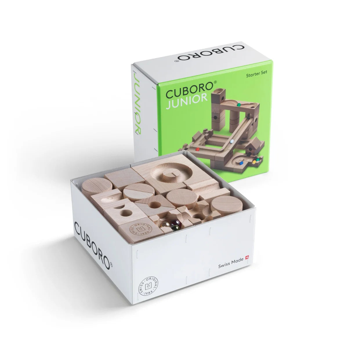 Cuboro Junior Kugelbahn Starter-Set mit 40 Elementen aus Naturholz und bunten Murmeln