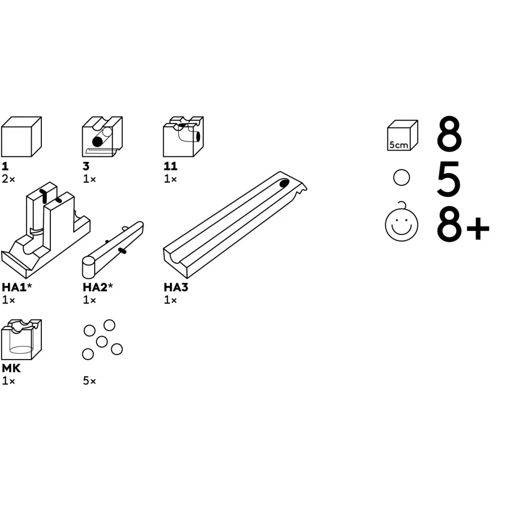 Schwarzweiß-Zeichnung Kugelbahn Kick 8 Elemente mit HA1 HA2 HA3 MK Teilen