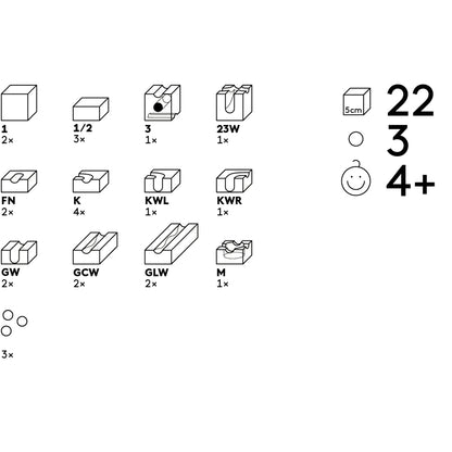 Schwarze Zeichnung von Kugelbahn Wave Set mit 22 Cuboro Standard Elementen für logisches Denken