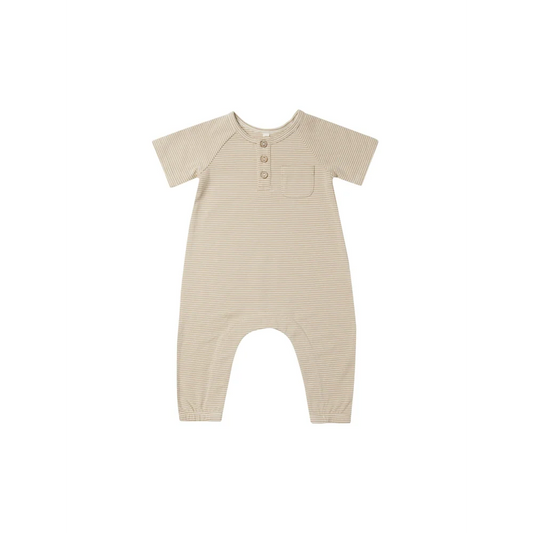 Quincy Mae Kurzarm Overall | Latte Micro Stripe - Jumpsuit