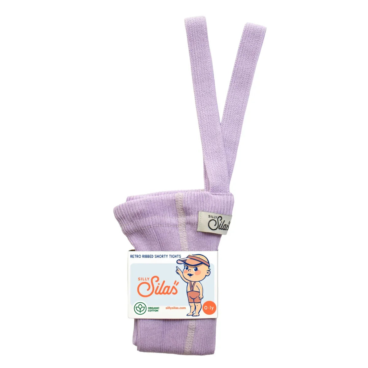 Kurze lilafarbene retro-rippstrumpfhose mit trägern aus organischer baumwolle von silly sila nachhaltige babykleidung schweiz