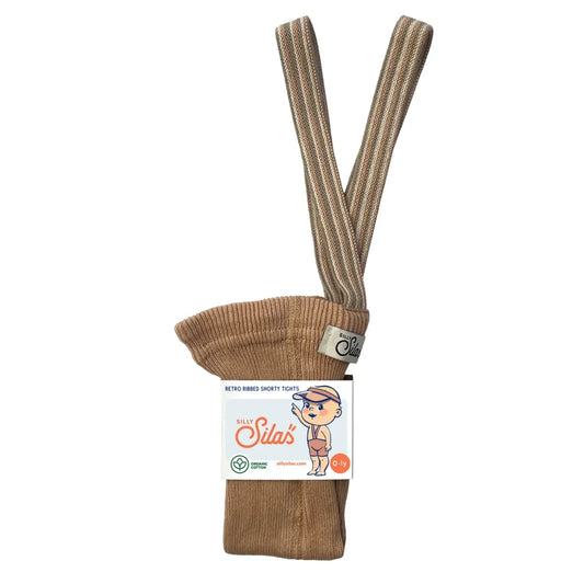 Kurze strumpfhose mit träger in beige und braunen streifen aus nachhaltiger babykleidung schweiz ideal als geschenk für neugeborene