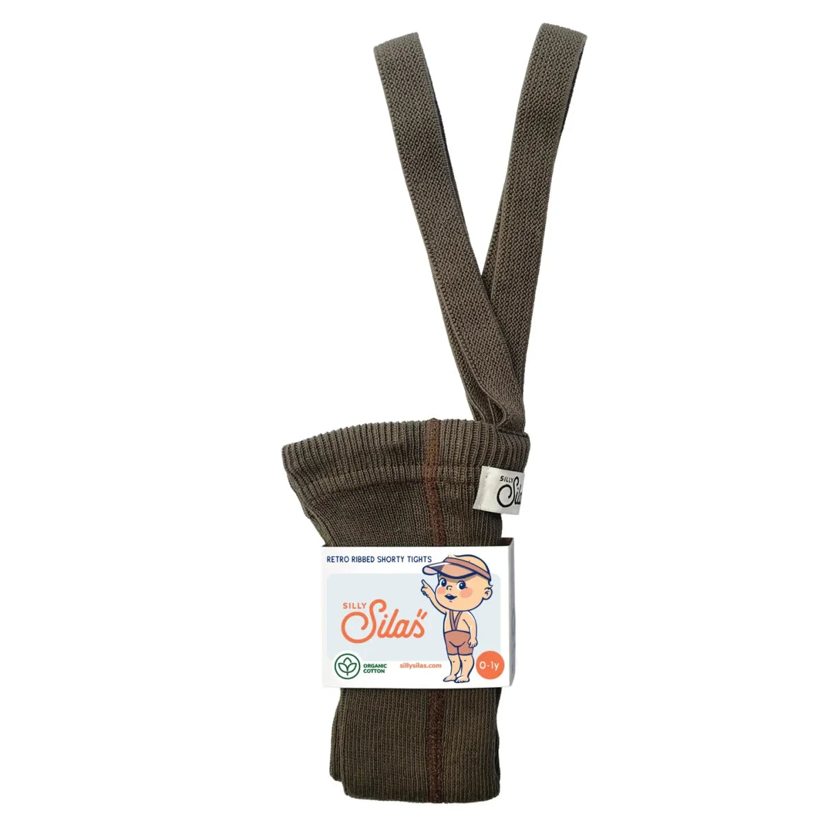 Kurze strumpfhose mit trägern von silly sila in seegrasbraun aus organischer baumwolle nachhaltige babykleidung schweiz