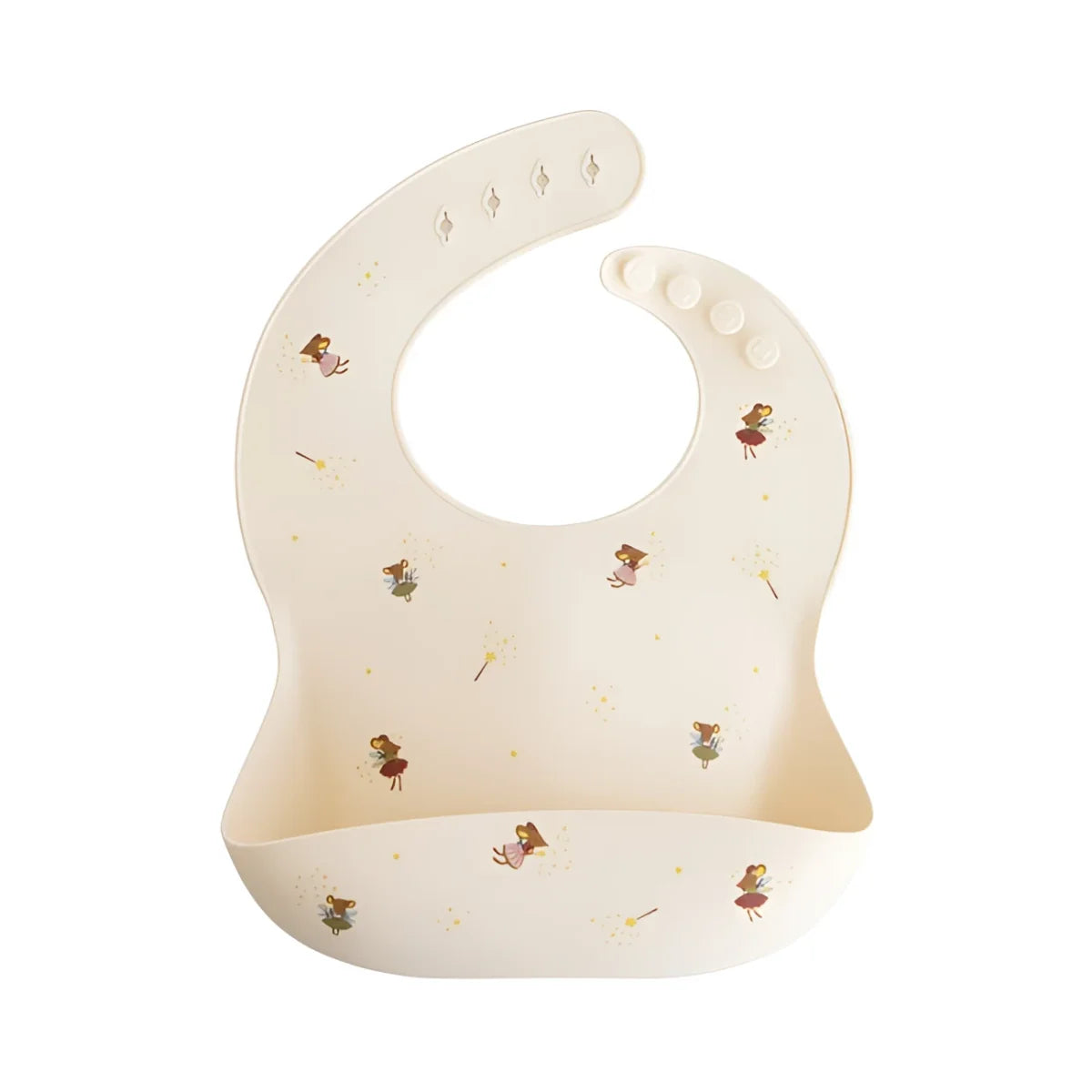Creamfarbiges silikonlätzchen mit verspieltem muster aus winzigen feenillustrationen und goldenen funkelern nachhaltig babykleidung schweiz