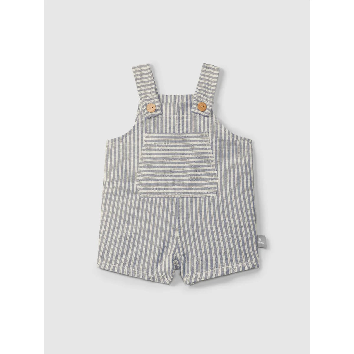 Nachhaltige Babykleidung Schweiz: gestreifte Latzshorts Grau-Weiß Holzknöpfe