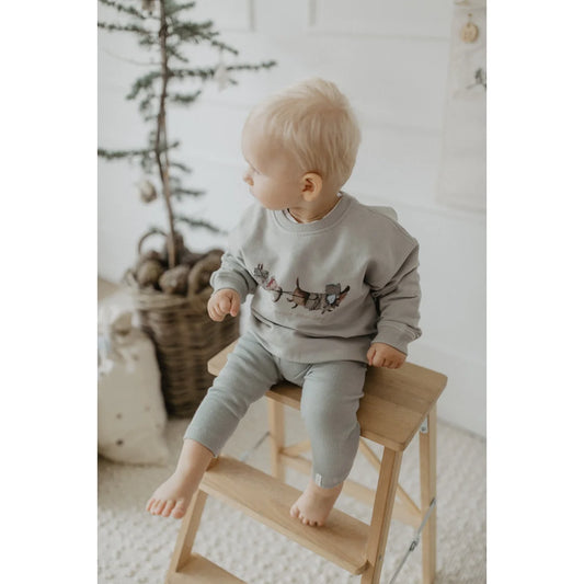 Nachhaltige Babykleidung Schweiz: Grauer Pullover mit Schlittenmotiv