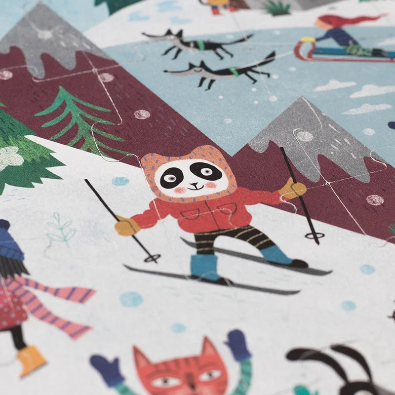 Cartoon-Panda in roter Jacke und blauen Hosen beim Skifahren für Let’s go to the Mountain Puzzle