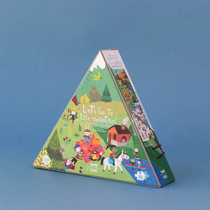 Dreieckige Kinderpuzzle-Box mit bunten Bergmotiven für Let’s go to the Mountain Puzzle