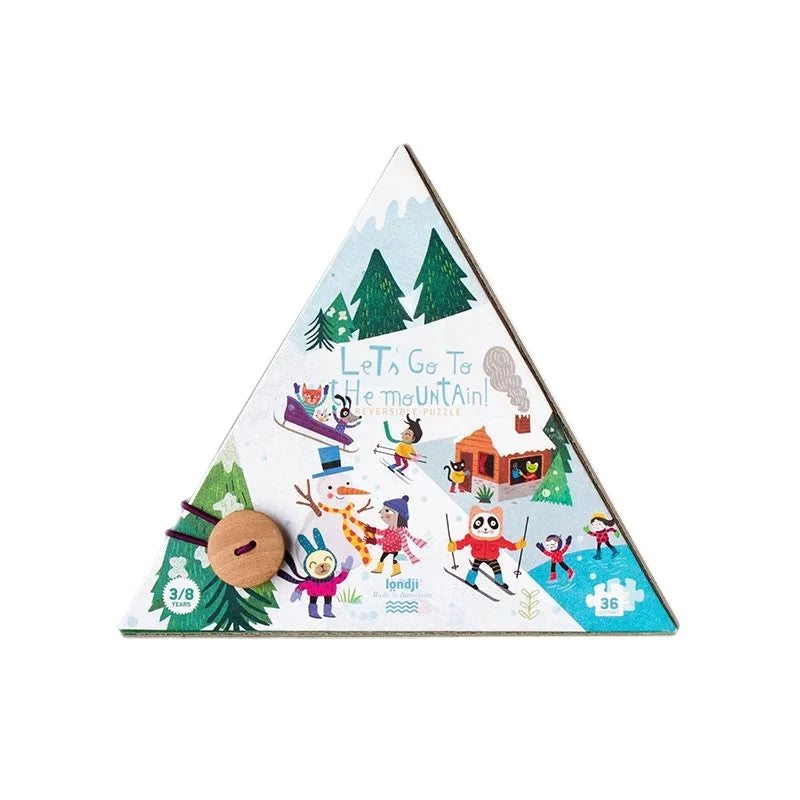 Dreieckiges Puzzle mit Winterlandschaft und Cartoonfiguren beim Skifahren