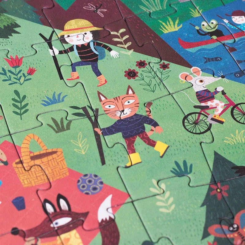 Buntes Kinderpuzzle mit Cartoon-Tieren und Naturszenen namens Let’s go to the Mountain Puzzle