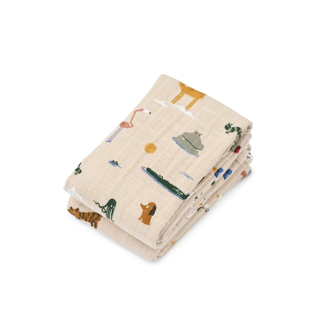 Faltbare off-white Babydecke mit bunten Tierillustrationen aus dem Lewis Baumwollmusselin Tuch 2er-Pack