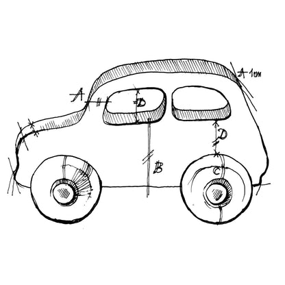 Schwarz weiß linienzeichnung eines vintage little french car designs mit beschrifteten abmessungen nachhaltig geschenk für neugeborene