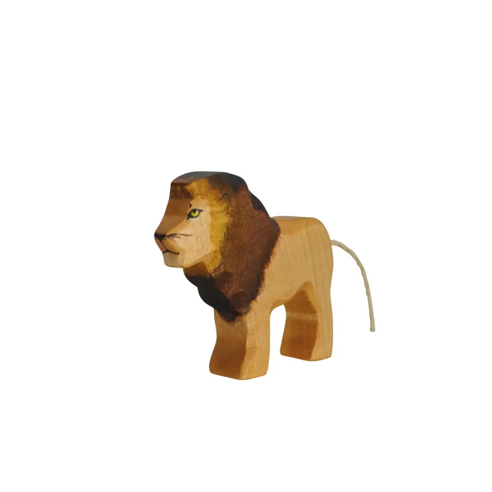Handgeschnitztes Holzlöwen-Spielzeug mit braunem Mähnen und Schnurschwanz