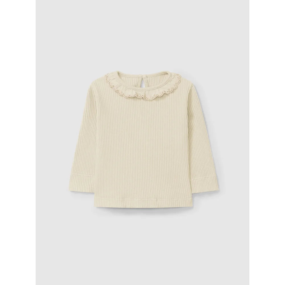 Off-White Rippenlangarmtop mit dekorativem gesäumtem Kragen in Nude oder Sand