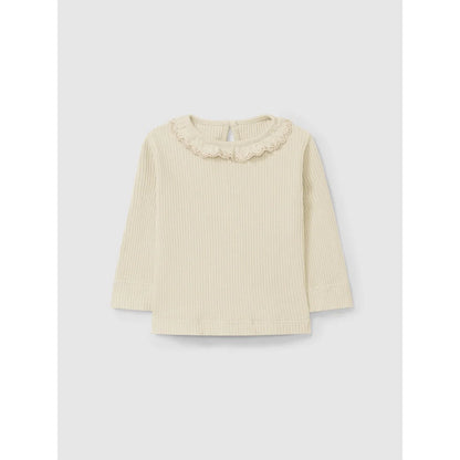 Off-White Rippenlangarmtop mit dekorativem gesäumtem Kragen in Nude oder Sand