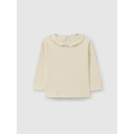 Off-White Rippenlangarmtop mit dekorativem gesäumtem Kragen in Nude oder Sand