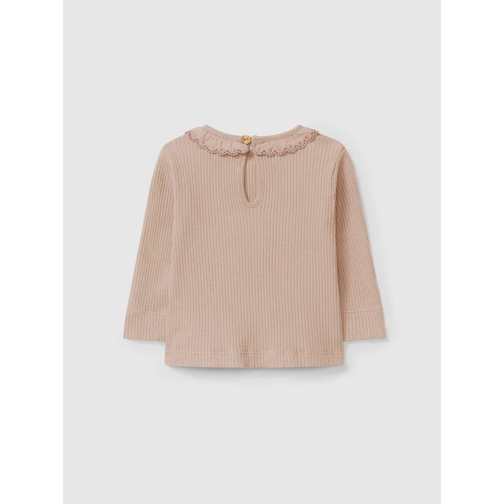 Lichtbraunes, geripptes Langarmshirt mit Rüschenk collar und Knopfverschluss hinten