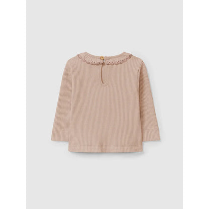 Lichtbraunes, geripptes Langarmshirt mit Rüschenk collar und Knopfverschluss hinten