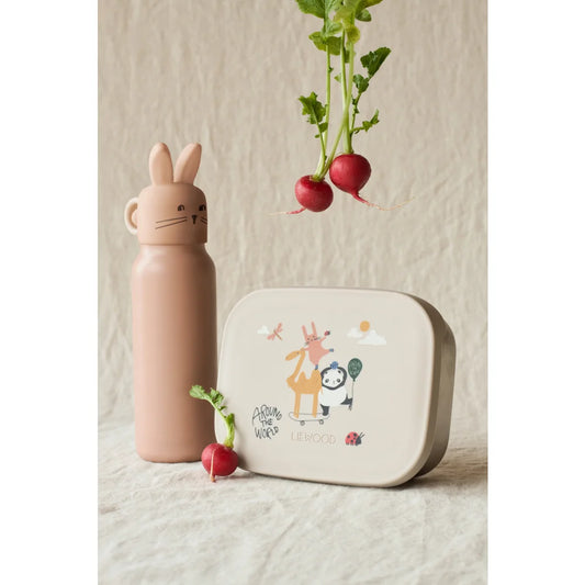 Leicht rosa Kaninchen-Wasserflasche und rechteckige Lunchbox mit Tier-Comic-Illustrationen