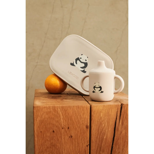 Weiße Keramik-Lernbecher mit Panda-Design und zwei Griffen, Lunchbox Arthur Panda Sandy