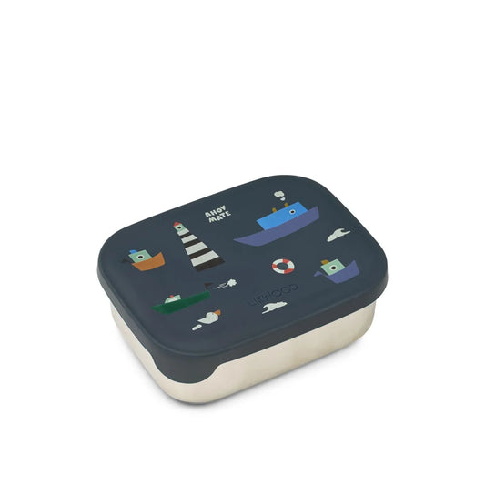 Navyblaues Deckel mit bunten nautischen Motiven auf Edelstahl-Lunchbox Arthur Sailing Classic
