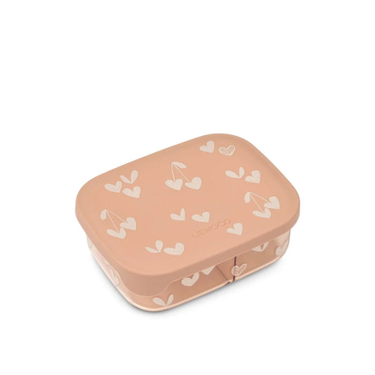 Arthur Lunchbox mit flexiblen Silikondeckel und praktischen Fächern in Pastellrosa mit Kirschen und Herzen