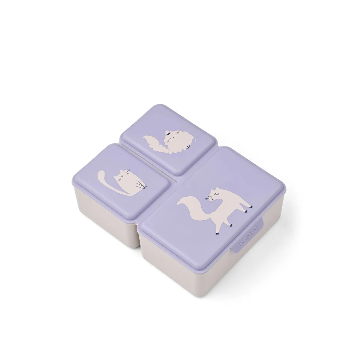 Lavendelfarbene dreiteilige lunchbox driss mit minimalistischen weißen tiermotiven auf jedem deckel in warmem flieder