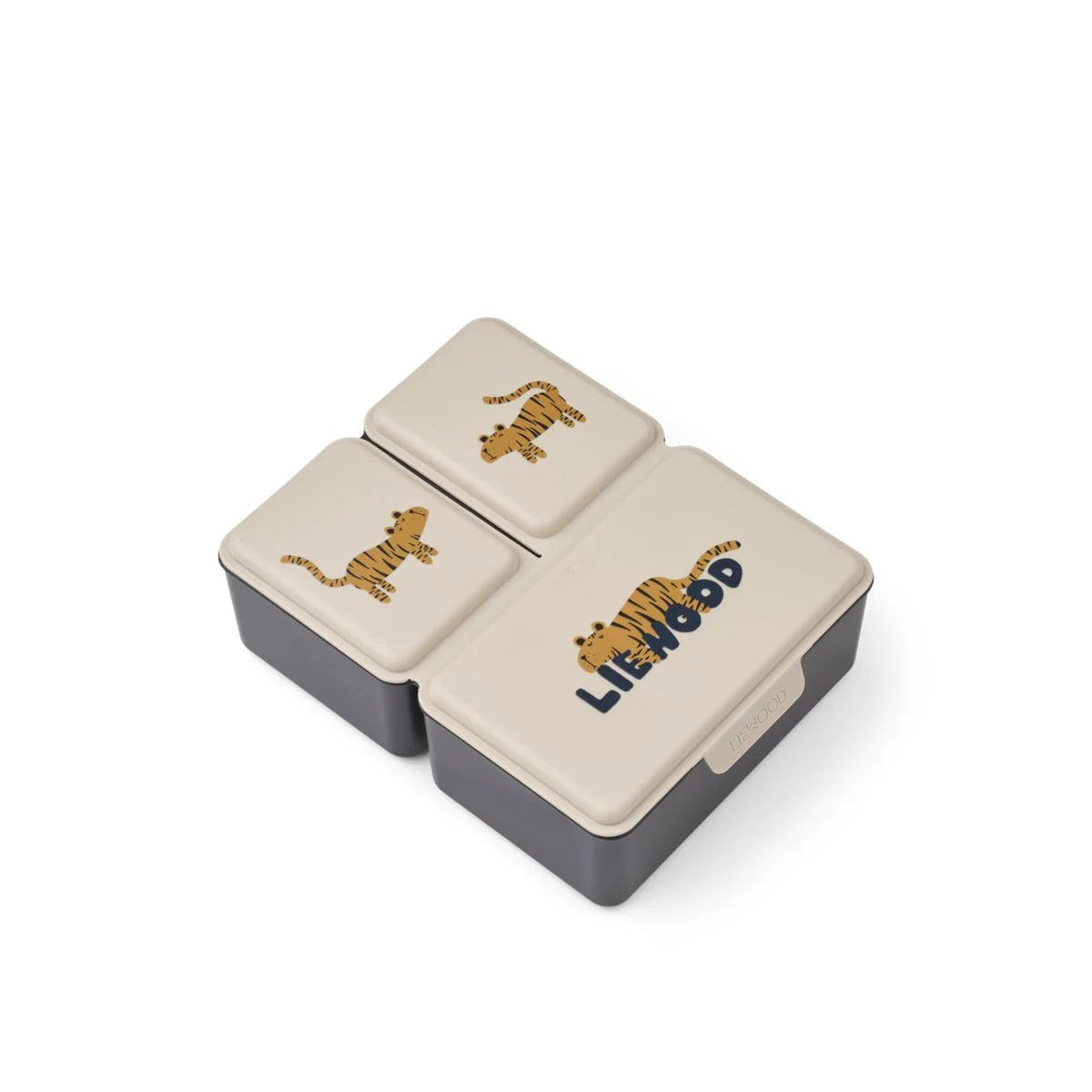 Creamfarbener und dunkelgrauer segmentierter Lunchbox Driss mit tigerillustrationen auf jedem deckel