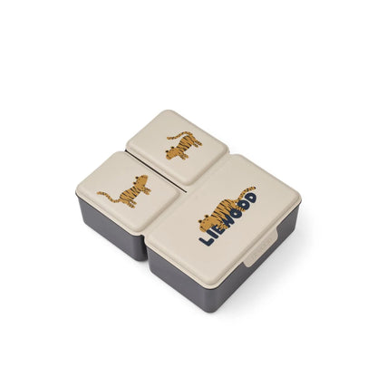 Creamfarbener und dunkelgrauer segmentierter Lunchbox Driss mit tigerillustrationen auf jedem deckel
