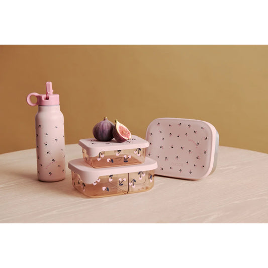 Rosa Trinkflasche mit schwarzem Blättermuster und rosa Strohhalm aus Tritan für Lunchbox Mini Cherry heart Rosey