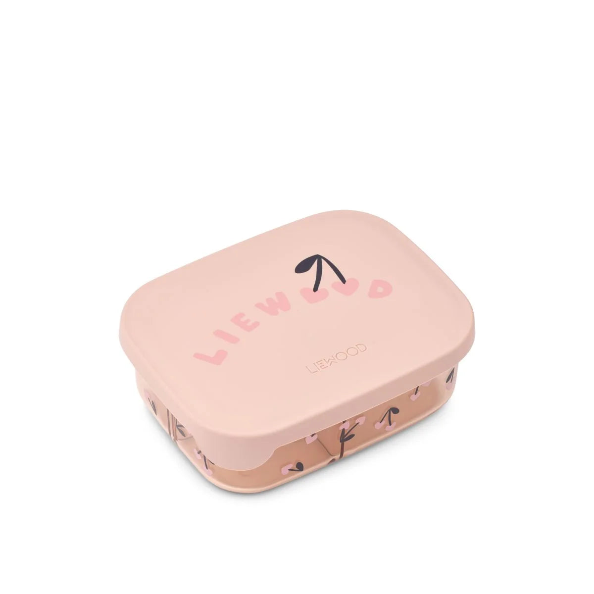 Pastellrosa liewood lunchbox tritan arthur mini cherry heart rosey mit matter soft touch oberfläche und kirschenmotiv