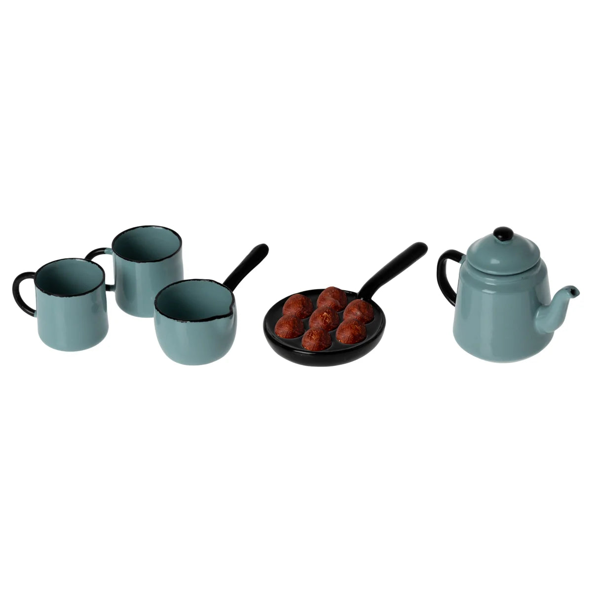 Madame Blues Lieblinge: Teal Enamelware-Set mit 2 Tassen, Topf und Teekanne